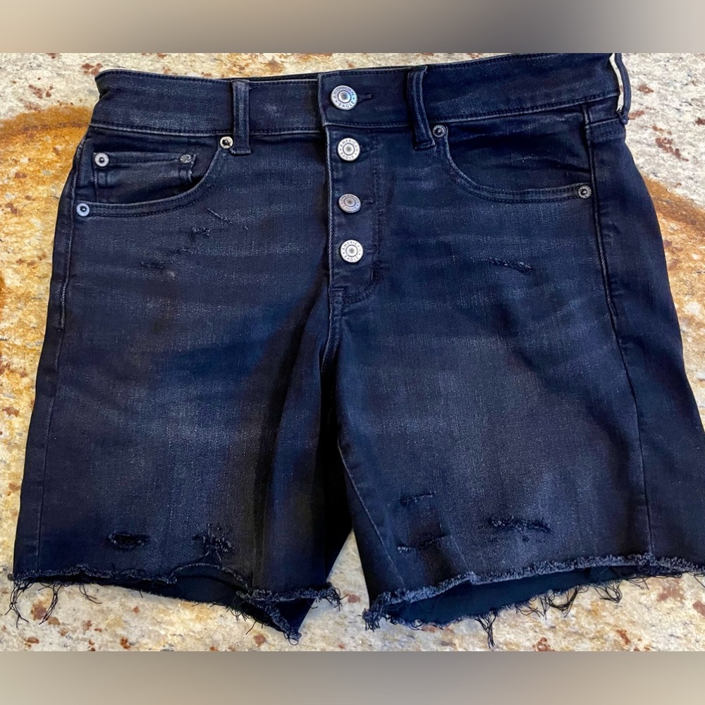 American Eagle Black Distressed Super High Rise Button Fly Shorts